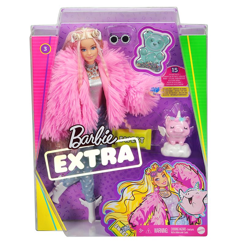 Barbie Extra Doll Pink Fluffy Coat with Pet Unicorn Pig Barbie Extra Doll Pink Fluffy Coat with Pet Unicorn Pig
