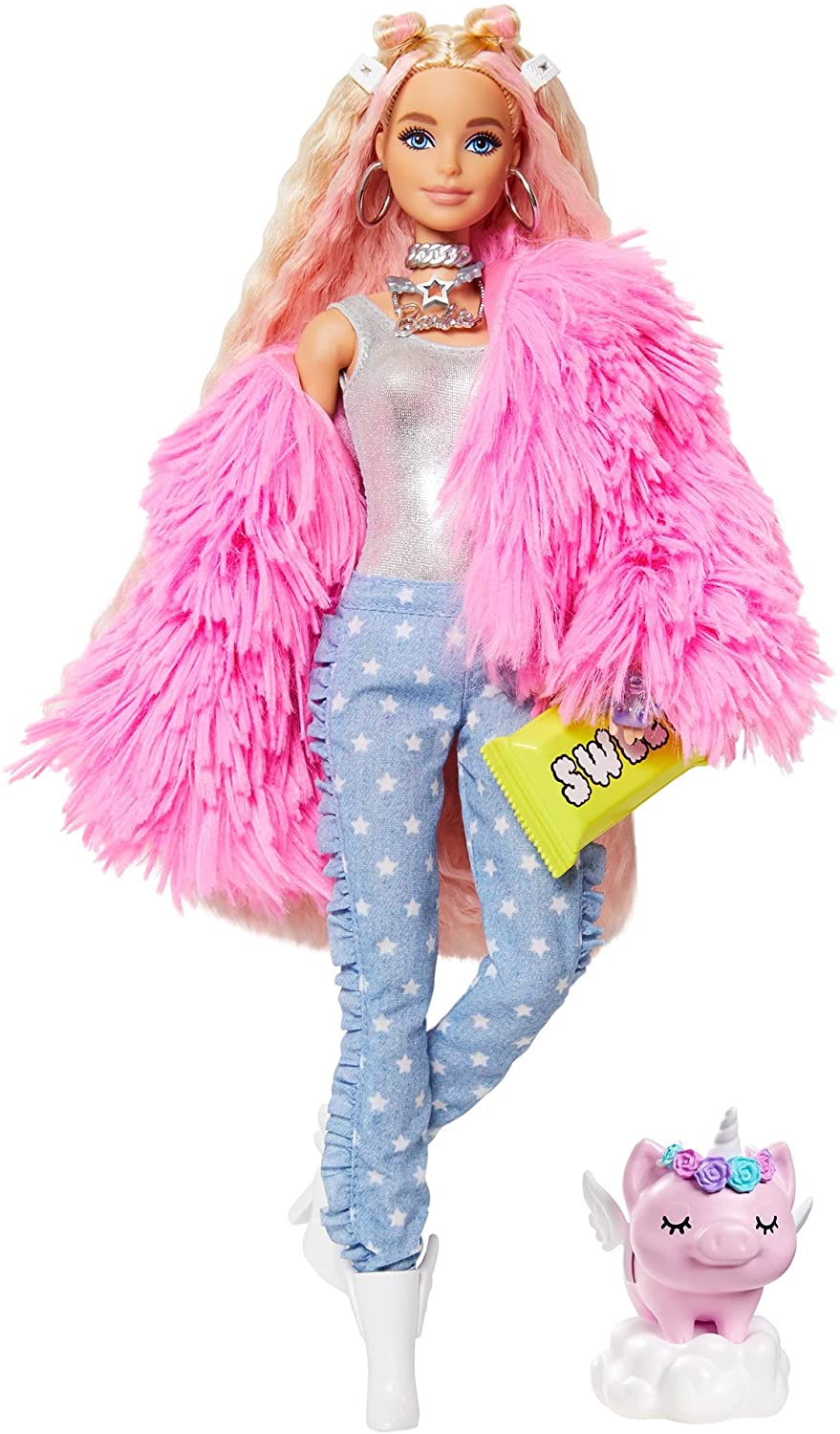 Barbie Extra Doll Pink Fluffy Coat with Pet Unicorn Pig Barbie Extra Doll Pink Fluffy Coat with Pet Unicorn Pig