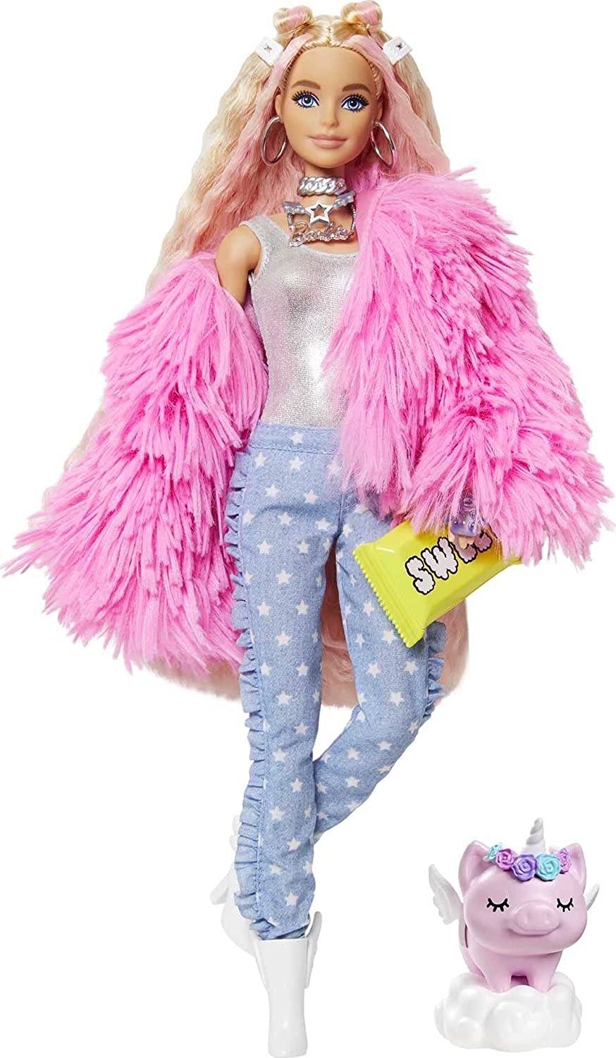 Barbie Extra Doll Pink Fluffy Coat with Pet Unicorn Pig Barbie Extra Doll Pink Fluffy Coat with Pet Unicorn Pig