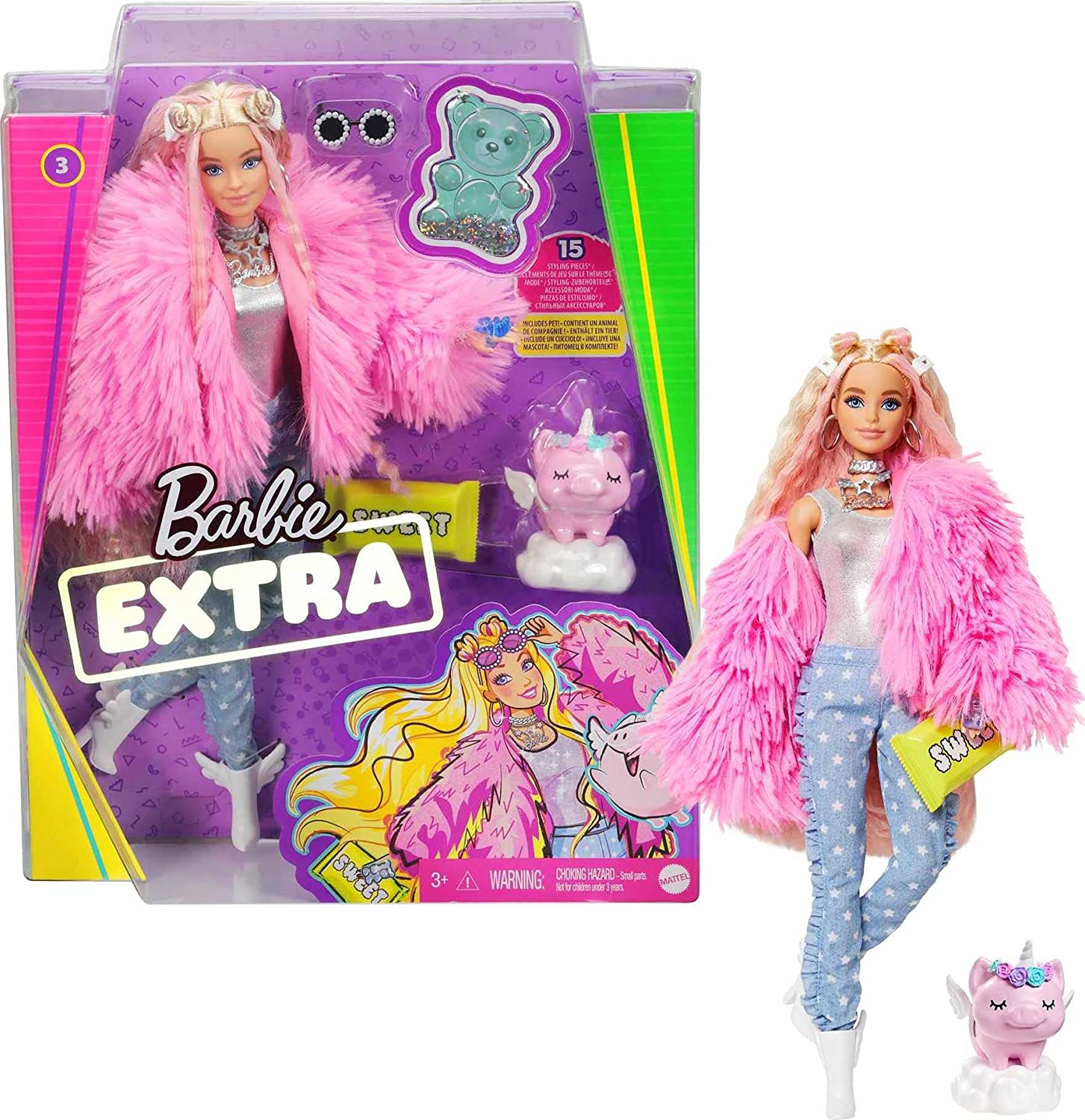 Barbie Extra Doll Pink Fluffy Coat with Pet Unicorn Pig Barbie Extra Doll Pink Fluffy Coat with Pet Unicorn Pig