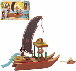 Inspired by Disney’s Moana 2, the theatrical sequel, kids can imagine exploring beyond Motunui with Moana's Adventure Canoe playset complete with Moana small doll and her friend, Heihei, the chicken. There are boundless possibilities for storytelling play with 6 play areas – a water slide, kitchen, hammock, platform, pet hut and pet boat. Transforming play areas enhance the adventure with a platform that rises to reveal a hammock, one that slides to expose the kitchen, a water slide that opens up and a rotating sail! Moana small doll’s arms, neck and legs are all posable for extra action. She wears an outfit inspired by the movie with a removable skirt and measures 3.5 inches! The floating playset extends nearly 2 feet and includes 10 accessories – 2 bowls, 1 cup, a sugar cane wrap, food, a table, a hammock and a small boat for Heihei! Kids ages 3 years and older can collect all the Disney Moana 2 toys to dream up adventures in Motunui and beyond! Each sold separately, subject to availability.