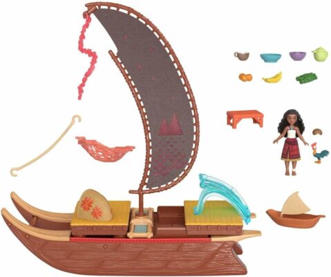 Inspired by Disney’s Moana 2, the theatrical sequel, kids can imagine exploring beyond Motunui with Moana's Adventure Canoe playset complete with Moana small doll and her friend, Heihei, the chicken. There are boundless possibilities for storytelling play with 6 play areas – a water slide, kitchen, hammock, platform, pet hut and pet boat. Transforming play areas enhance the adventure with a platform that rises to reveal a hammock, one that slides to expose the kitchen, a water slide that opens up and a rotating sail! Moana small doll’s arms, neck and legs are all posable for extra action. She wears an outfit inspired by the movie with a removable skirt and measures 3.5 inches! The floating playset extends nearly 2 feet and includes 10 accessories – 2 bowls, 1 cup, a sugar cane wrap, food, a table, a hammock and a small boat for Heihei! Kids ages 3 years and older can collect all the Disney Moana 2 toys to dream up adventures in Motunui and beyond! Each sold separately, subject to availability.