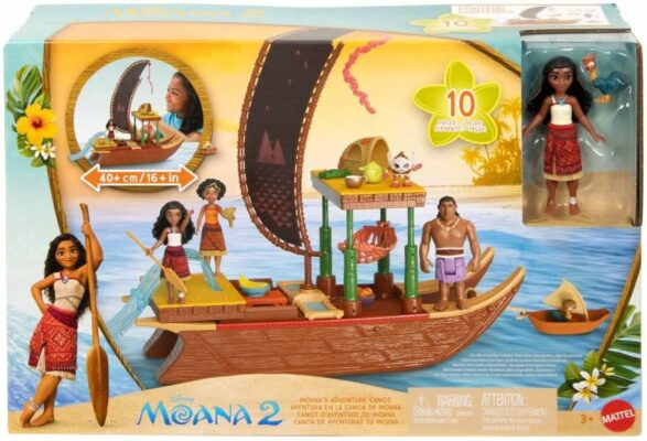Inspired by Disney’s Moana 2, the theatrical sequel, kids can imagine exploring beyond Motunui with Moana's Adventure Canoe playset complete with Moana small doll and her friend, Heihei, the chicken. There are boundless possibilities for storytelling play with 6 play areas – a water slide, kitchen, hammock, platform, pet hut and pet boat. Transforming play areas enhance the adventure with a platform that rises to reveal a hammock, one that slides to expose the kitchen, a water slide that opens up and a rotating sail! Moana small doll’s arms, neck and legs are all posable for extra action. She wears an outfit inspired by the movie with a removable skirt and measures 3.5 inches! The floating playset extends nearly 2 feet and includes 10 accessories – 2 bowls, 1 cup, a sugar cane wrap, food, a table, a hammock and a small boat for Heihei! Kids ages 3 years and older can collect all the Disney Moana 2 toys to dream up adventures in Motunui and beyond! Each sold separately, subject to availability.