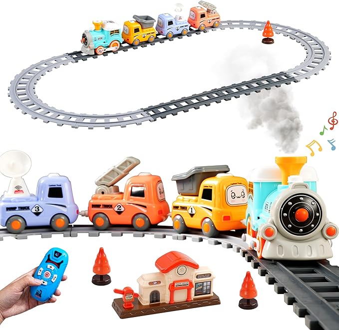 Steam Train Set for Toddlers Cartoon Face Locomotive with Remote Control Steam Train Set for Toddlers Cartoon Face Locomotive with Remote Control