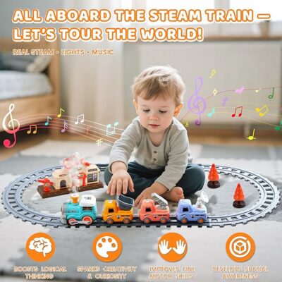 Steam Train Set for Toddlers Cartoon Face Locomotive with Remote Control