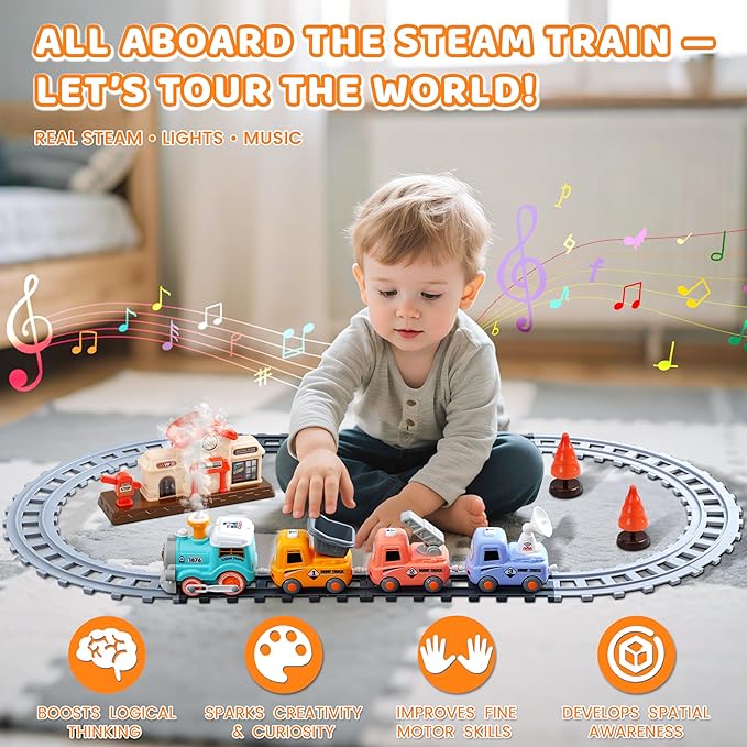 Steam Train Set for Toddlers Cartoon Face Locomotive with Remote Control Steam Train Set for Toddlers Cartoon Face Locomotive with Remote Control