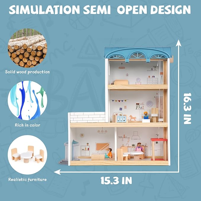 Wooden 3 Story Wood Doll House Playset with Furniture Wooden 3 Story Wood Doll House Playset with Furniture