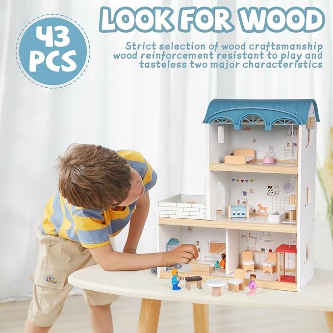 Wooden 3 Story Wood Doll House Playset with Furniture Wooden 3 Story Wood Doll House Playset with Furniture