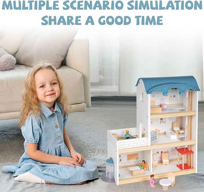 Wooden 3 Story Wood Doll House Playset with Furniture Wooden 3 Story Wood Doll House Playset with Furniture