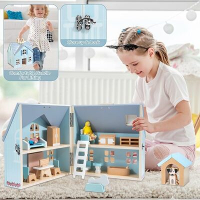 Foldable Wooden Dollhouse with 2 Dolls & Pet Set