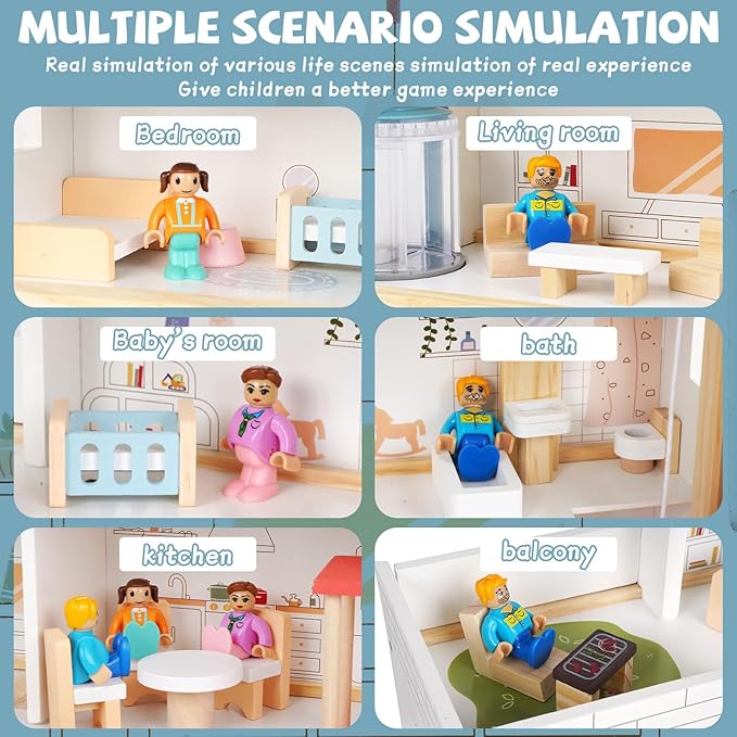 Wooden 3 Story Wood Doll House Playset with Furniture Wooden 3 Story Wood Doll House Playset with Furniture