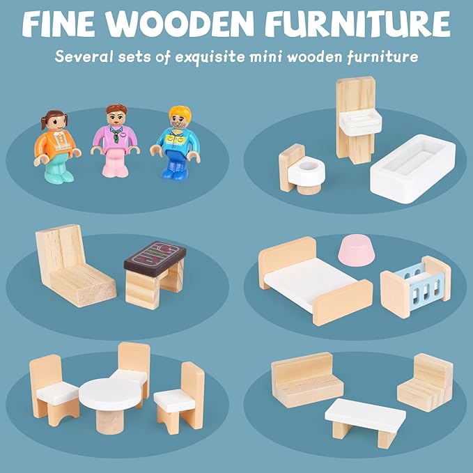 Wooden 3 Story Wood Doll House Playset with Furniture Wooden 3 Story Wood Doll House Playset with Furniture