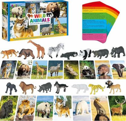 15 PCS Safari Animal Figurines with 15 Flashcards Realistic Zoo Montessori Toy