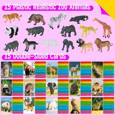 15 PCS Safari Animal Figurines with 15 Flashcards Realistic Zoo Montessori Toy