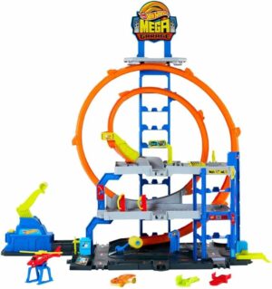 Hot Wheels Toy Car Track Set with Die-Cast Car & Helicopter