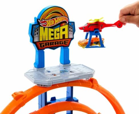 Hot Wheels Toy Car Track Set with Die-Cast Car & Helicopter