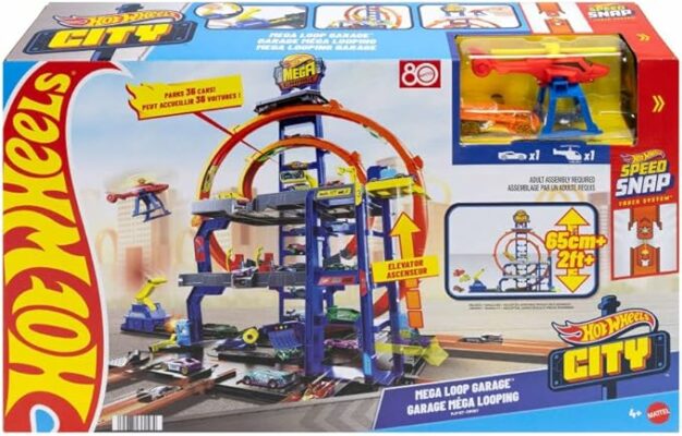 Hot Wheels Toy Car Track Set with Die-Cast Car & Helicopter