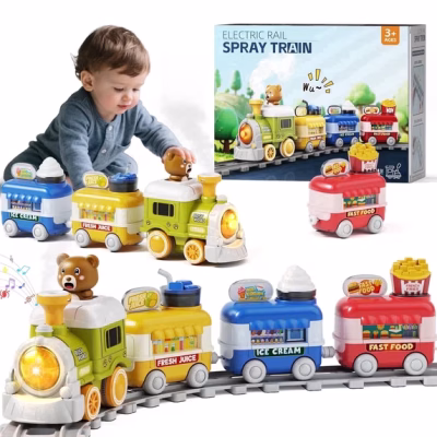 Electric Train Car Track Play Set with Steam Light & Music for Kids