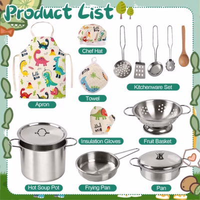 Play Kitchen Accessorie Stainless Steel Play Pots Pans Sets for Kids